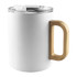 A white mug with a transparent lid and a wooden handle, featuring a sleek and modern design.