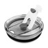 A coffee mug lid in transparent plastic with a grey and white sliding opening mechanism and a rubber seal.