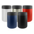 A set of five stainless steel stubby holders in white, silver, red, navy blue, and black, each with a black lid.