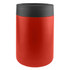 A stainless steel stubby holder in red with a black top, featuring a logo. Ideal for keeping drinks insulated.