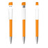 A USB pen featuring a metal tip and an orange barrel, shown from three angles. It has a logo on the body.
