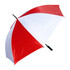 A red and white golf umbrella with a black handle and a logo on the canopy.
