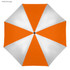 A large golf umbrella in white and orange, featuring a segmented design with alternating colours. It includes a logo.