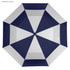 A navy blue and white umbrella with a geometric design and a central button, featuring a logo.