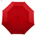 A red umbrella with a large canopy, featuring eight panels and a central handle. It has a simple design and a logo.