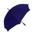 A navy blue umbrella with a curved handle, featuring a sleek, solid design and a logo on the handle.