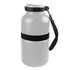 A drink bottle in grey with a black strap and lid, featuring a logo on the side.