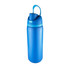 A drink bottle in vibrant blue with a secure lid and sturdy handle. It features a logo on the side.