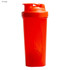 A drink bottle in vibrant orange, featuring a secure lid and a built-in whisk. It has a logo.