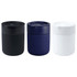A drink bottle set featuring three ceramic tumblers in black, navy, and white, each with a silicone wrap and a lid.