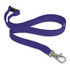 A custom printed lanyard in purple, featuring a silver clip and a plastic buckle.