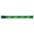 A green luggage strap featuring orange wing designs and a logo. Ideal for securing luggage.
