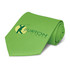 A green tie with a smooth texture, featuring a logo related to golf gear. The tie is neatly rolled.