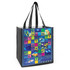 A black tote bag featuring a colourful collage of marine life images and a branding logo.