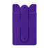 A purple phone wallet with a slot for cards and a clip on the back. It features a logo.
