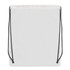 A white drawstring backpack with black straps and a simple design, featuring a small logo.