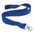 A blue bamboo lanyard featuring a metal clip and a breakaway buckle for easy use.