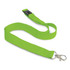 A bright green cotton lanyard featuring a clip and adjustable component. It has a logo on the strap.