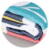 A folded beach towel featuring a vibrant design with teal, coral, and navy colours, displaying a logo.