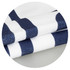 A navy and white striped kids hooded towel featuring a soft texture, folded neatly. Includes a logo.