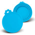 A blue silicone reusable can lid, featuring a circular design with a raised handle, displayed in two sizes.