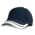A navy blue cap with a cream-coloured trim and a branding logo on the front.