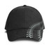 A black cap featuring a textured design on the side and a curved brim, with a logo present on the front.