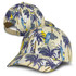 A cap featuring a vibrant palm tree and surfboard design in cream, purple, and blue shades, with an adjustable strap.