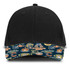 A black cap with a patterned peak featuring various logos and designs in blue, yellow, and white.