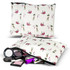 A large floral cosmetic bag with a zip closure, featuring various make-up items and a logo. Predominantly white with pink accents.