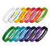 A collection of silicone wristbands in various colours, featuring different logos and text designs.