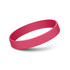 A pink silicone wristband with a smooth surface and a debossed design, featuring a brand logo.