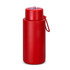 A drink bottle in a bright red colour, featuring a secure lid and a carrying handle. It has a logo.