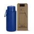 A drink bottle in blue beside its cardboard packaging, featuring a logo and a simple illustration of the bottle.