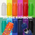A drink bottle collection featuring various vibrant colours, including white, yellow, orange, pink, blue, green, and black. Each bottle has a logo.