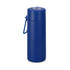 A drink bottle in blue with a secure screw lid and handle for easy carrying. It has a logo on its surface.