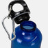 A drink bottle in vibrant blue with a black lid and a metal carabiner latch. It has a sleek design and a logo.