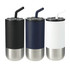 A drink bottle set featuring three tumblers in black, navy blue, and white with stainless steel bottoms and straws.