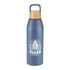 A drink bottle in matte blue with a bamboo lid and a logo on the front. Holds 1 litre.