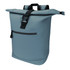A grey roll-top backpack with a front zip pocket and adjustable straps. Features a logo on the front.