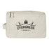A cream toiletry organiser with a zip closure and a logo featuring trees and antlers.