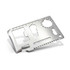 A silver multi-tool card with various tools and measurement markings, featuring a logo.