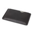 A black multi-tool card within a sleek black leather case, featuring a measurement scale on one edge.