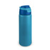 A drink bottle in a vibrant blue colour with a contrasting blue lid and a sleek design. It features a logo.