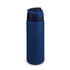 A drink bottle in navy blue with a dark lid, featuring a design element and a logo.