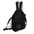 A black pickleball set bag featuring two handles and a front pocket displaying two pickleballs.