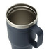 A drink bottle with a navy exterior and a stainless steel rim, featuring a sturdy handle and a simple design.
