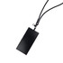 A phone lanyard features a black strap holding a sleek black phone, with a clip for secure attachment.