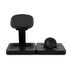 A black wireless charger featuring a stand with a flat charging pad beside it. The product has a logo.