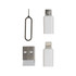 A white charging cable set featuring USB, Micro USB, and Lightning connectors, along with a SIM card eject tool.